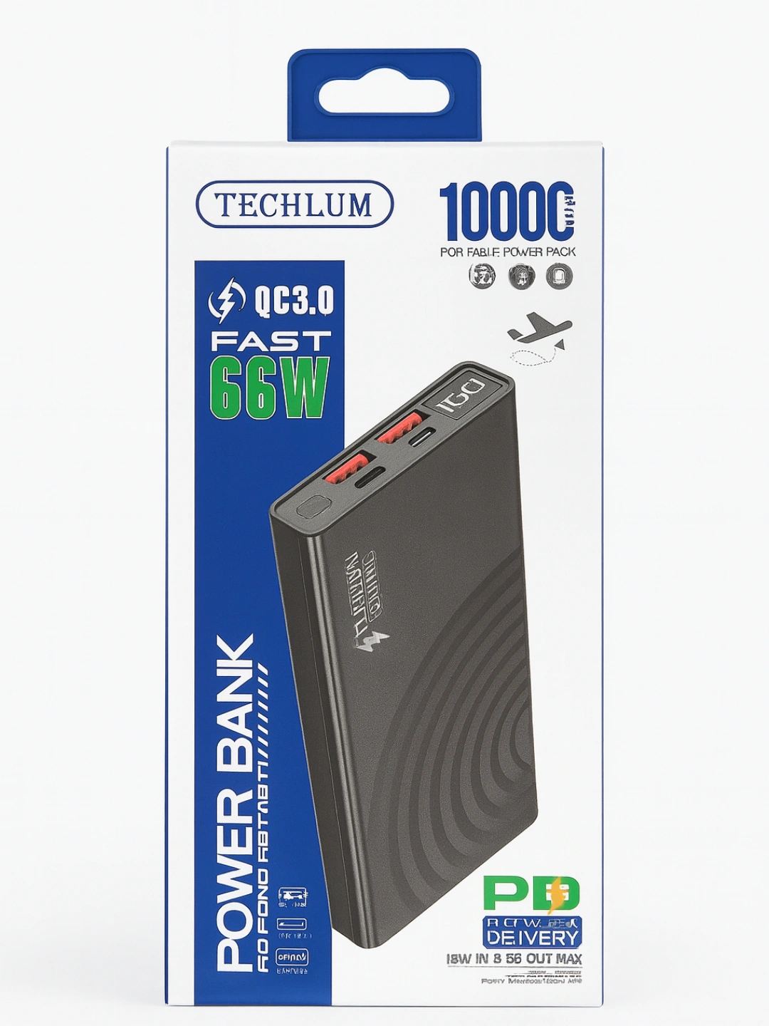 پاوربانک 10000 میلی‌آمپر Techlum | فست شارژ QC3 | نمایشگر دار