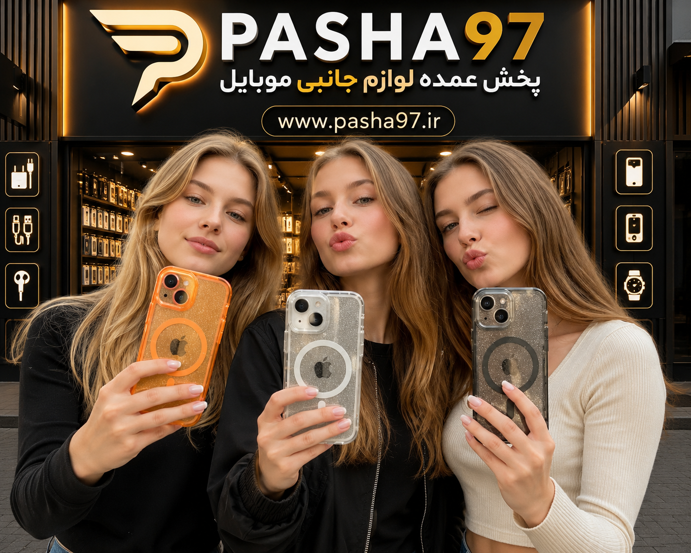 گارد قاب آیفون 13 پرو شفاف اکلیلی مگ‌سیف | کاور مشکی نارنجی سفید