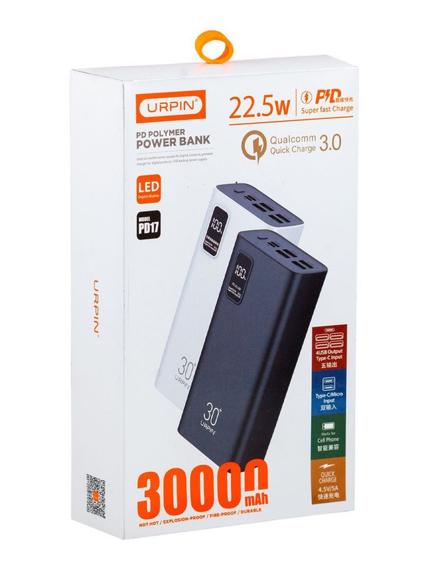 پاوربانک 30000 میلیآمپر URPIN PD17 فست شارژ 22.5W QC3.0 | ارسال سریع مشهد | فروش اقساطی