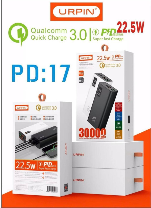 پاوربانک 30000 میلیآمپر URPIN PD17 فست شارژ 22.5W QC3.0 | ارسال سریع مشهد | فروش اقساطی