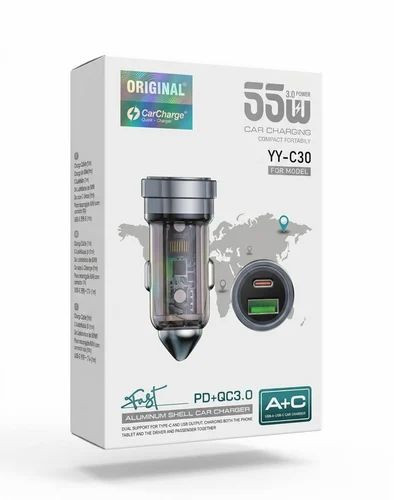 شارژر فندکی خودرو YY_C30 مدل 55W فست شارژ، دو پورت USB و PD با بدنه شفاف