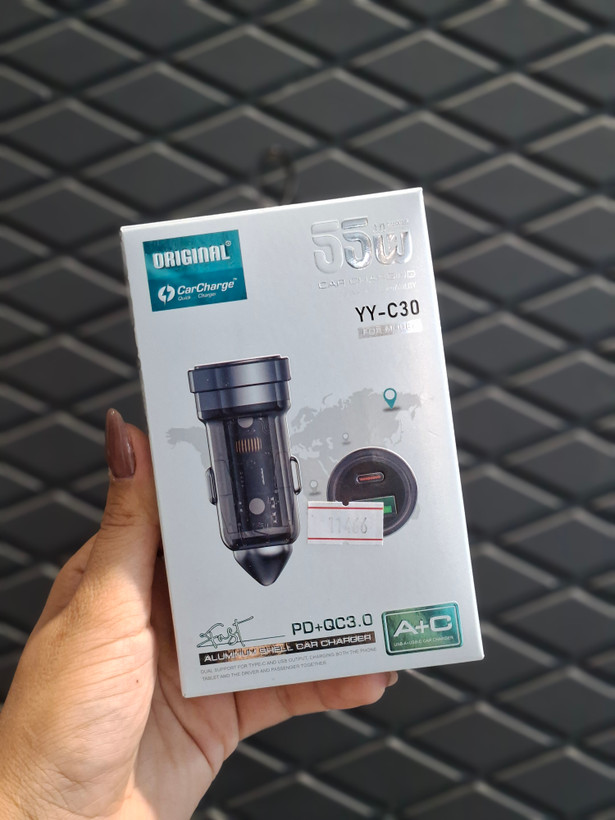 شارژر فندکی خودرو YY_C30 مدل 55W فست شارژ، دو پورت USB و PD با بدنه شفاف
