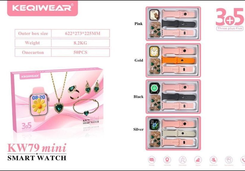 ساعت هوشمند دخترانه KeqiWear KW79 Mini با ۳ بند و ست زیورآلات | اعلان تماس و پیام