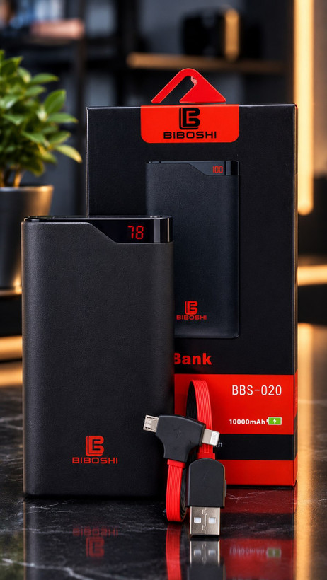 پاوربانک BIBOSHI مدل BBS-020 ظرفیت 10000mAh با نمایشگر LED، دو پورت USB و کابل آیفون و اندروید